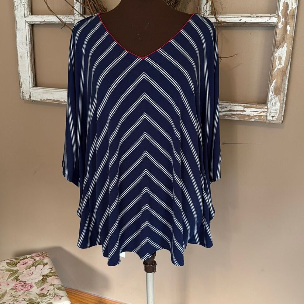 Susan Graver liquid knit blue white red poncho sleeve shirt size 1XL Americana U